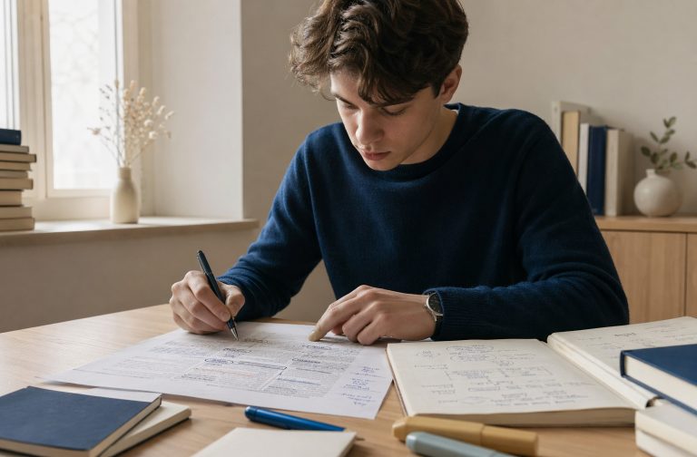 Élève de lycée analysant un texte avec annotations pour développer une lecture profonde