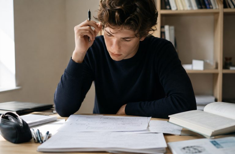 Élève de lycée construisant un raisonnement de dissertation dans un environnement de travail exigeant