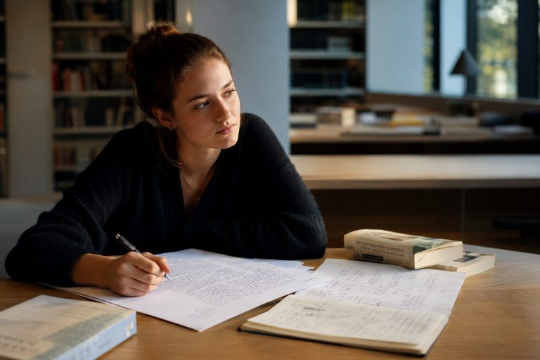 Élève réfléchissant à la problématisation d’une dissertation de philosophie