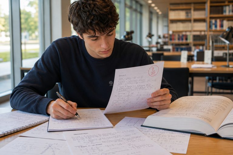 Étudiant analysant son premier contrôle de mathématiques en prépa